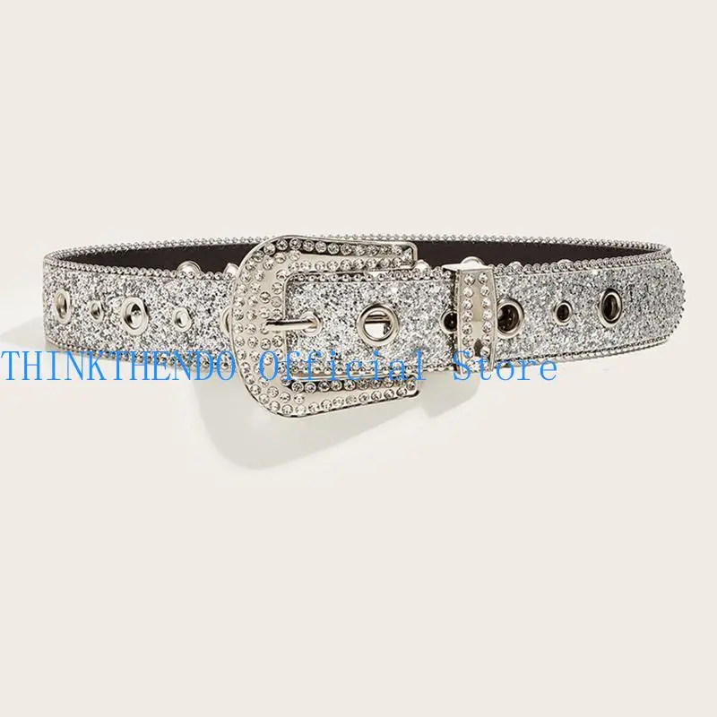 652F Punk  Buckle Belts Woman Locomotive Full Sequins Waist Belts Western Cowgirl Y2K Girls Belt for Jeans Men