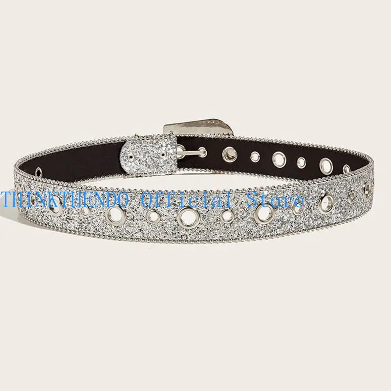 652F Punk  Buckle Belts Woman Locomotive Full Sequins Waist Belts Western Cowgirl Y2K Girls Belt for Jeans Men