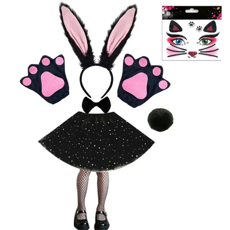 652F Rabbit Ears Headband Collar Bowtie Cuff Bunnies Tail for Halloween Cosplay Party Easter Bunnies Costume Set for Women