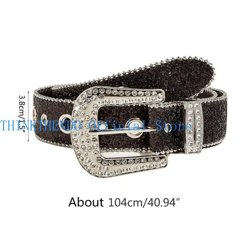 652F Punk  Buckle Belts Woman Locomotive Full Sequins Waist Belts Western Cowgirl Y2K Girls Belt for Jeans Men