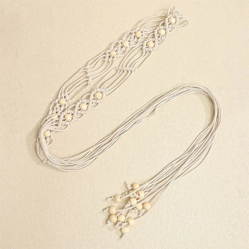 39BB Women Bohemian Belt Handwoven Cotton Waist Chain Wooden Beads Ethnic Tassels Decoration Retro Style Multipurpose Use