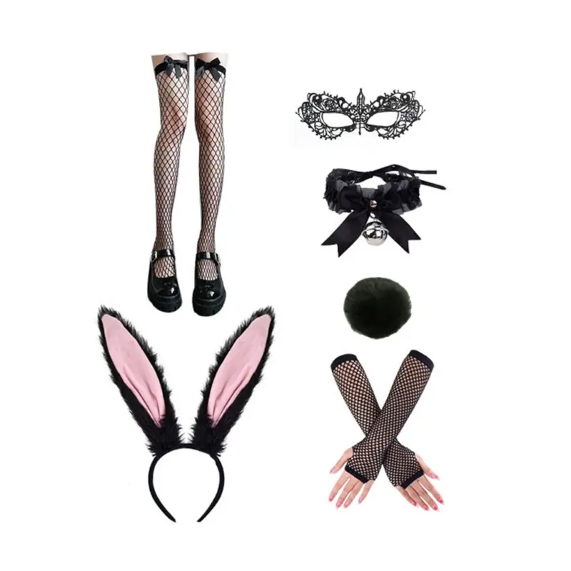 652F Rabbit Ears Headband Collar Bowtie Cuff Bunnies Tail for Halloween Cosplay Party Easter Bunnies Costume Set for Women
