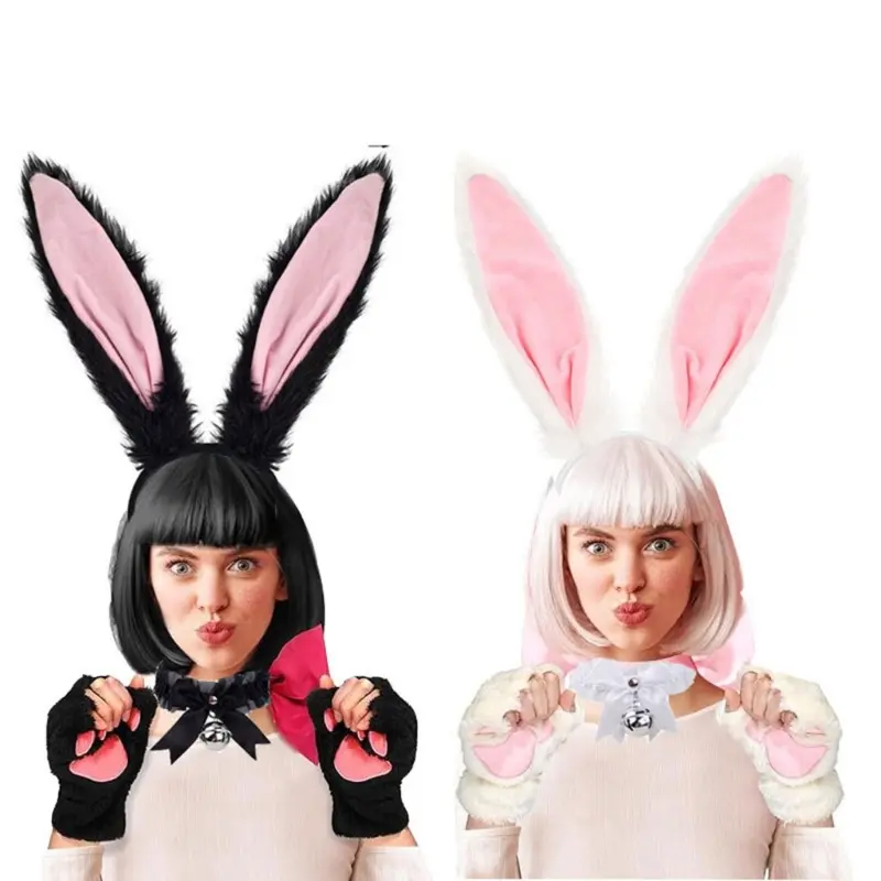 652F Rabbit Ears Headband Collar Bowtie Cuff Bunnies Tail for Halloween Cosplay Party Easter Bunnies Costume Set for Women
