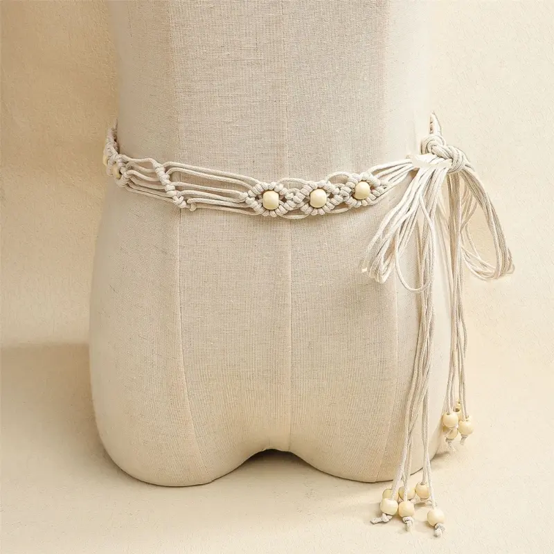 39BB Women Bohemian Belt Handwoven Cotton Waist Chain Wooden Beads Ethnic Tassels Decoration Retro Style Multipurpose Use