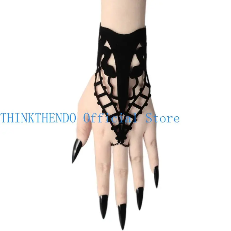 39BB Finger Rings Bracelets Punk Gothic Bracelets with Finger Rings Arm Cuffs Jewelry