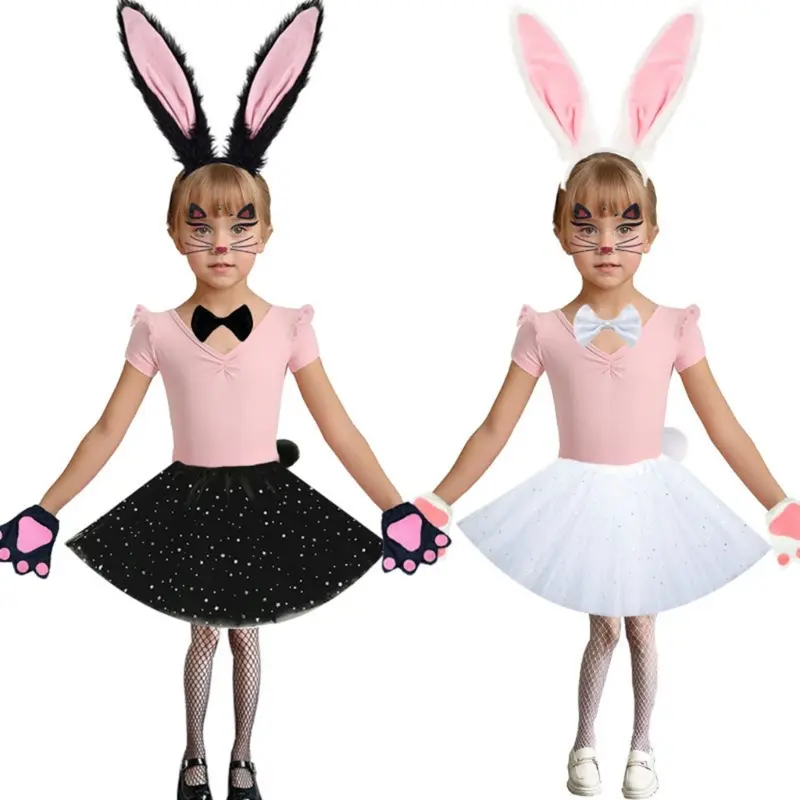 652F Rabbit Ears Headband Collar Bowtie Cuff Bunnies Tail for Halloween Cosplay Party Easter Bunnies Costume Set for Women
