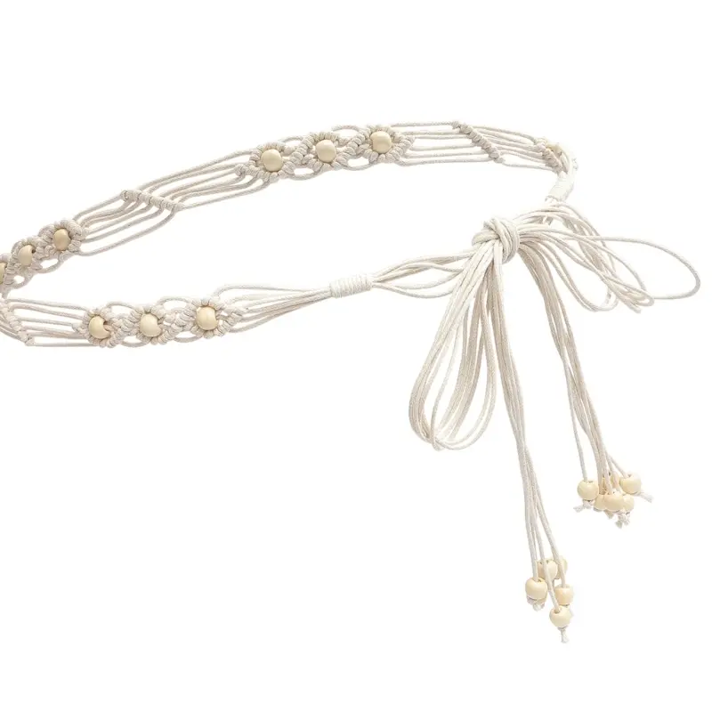 39BB Women Bohemian Belt Handwoven Cotton Waist Chain Wooden Beads Ethnic Tassels Decoration Retro Style Multipurpose Use