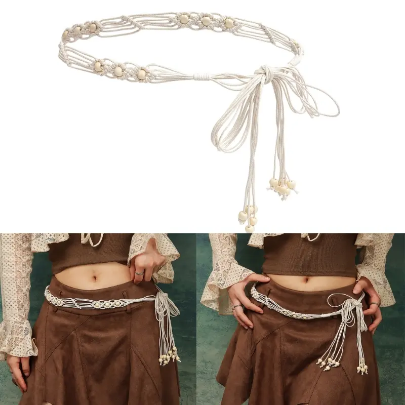 39BB Women Bohemian Belt Handwoven Cotton Waist Chain Wooden Beads Ethnic Tassels Decoration Retro Style Multipurpose Use