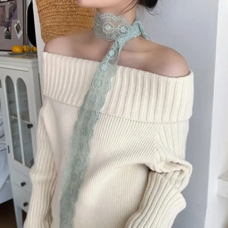 652F Fashionable Long Ribbon Head Wrap Embroidery Hair Band Decorative Neck Scarf for Office Party or Outdoor Event