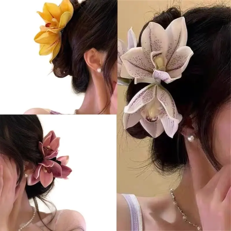 652F Orchids Flower Hair Clip for Lady Resin Alloy Flower Hair Claw Clip for Everyday Use and Various Occasion Party Supply