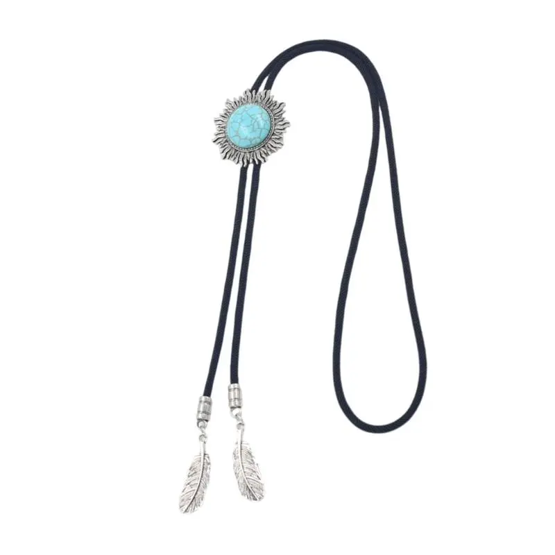 652F Cowboy Bolo Tie Necktie Braided Rope Necklace with Metal Sun Turquoises Stone Pendant Jewelry Shirt Collar Chain