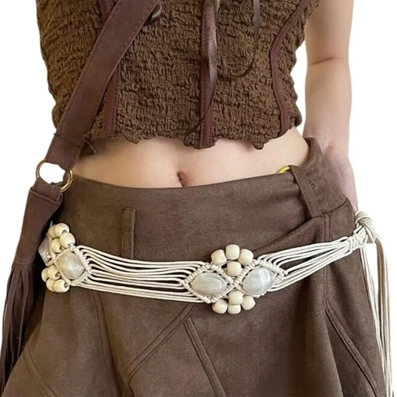 652F Ethnic Wax Rope Belt for Female Bohemian Waist Rope for Shirt Dress Fashion Waist Accessories Popular Decorative Belt