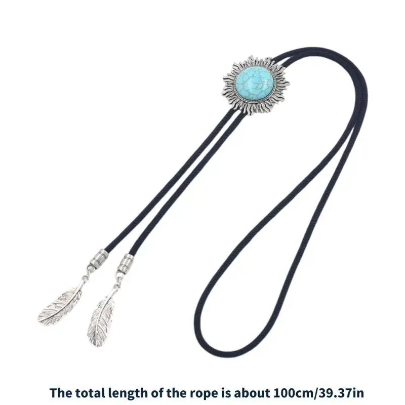 652F Cowboy Bolo Tie Necktie Braided Rope Necklace with Metal Sun Turquoises Stone Pendant Jewelry Shirt Collar Chain