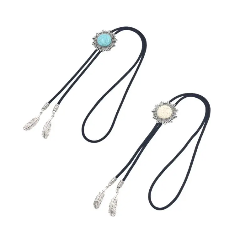 652F Cowboy Bolo Tie Necktie Braided Rope Necklace with Metal Sun Turquoises Stone Pendant Jewelry Shirt Collar Chain