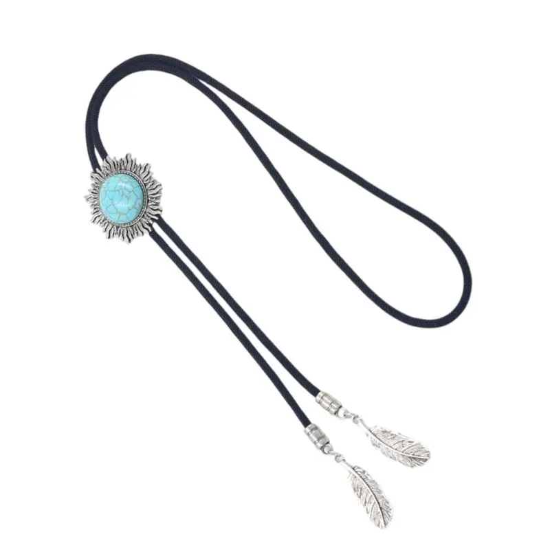 652F Cowboy Bolo Tie Necktie Braided Rope Necklace with Metal Sun Turquoises Stone Pendant Jewelry Shirt Collar Chain