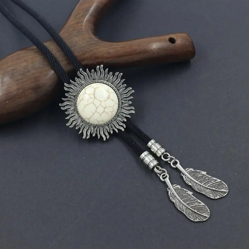 652F Cowboy Bolo Tie Necktie Braided Rope Necklace with Metal Sun Turquoises Stone Pendant Jewelry Shirt Collar Chain