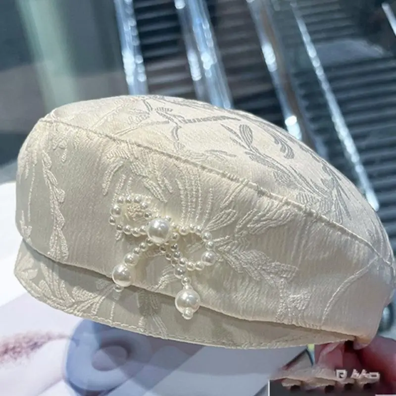 652F Sophisticated Stylish Hats Unique Weathered Stylish Hat with Pearls Decoration Pattern for Fashionable Women