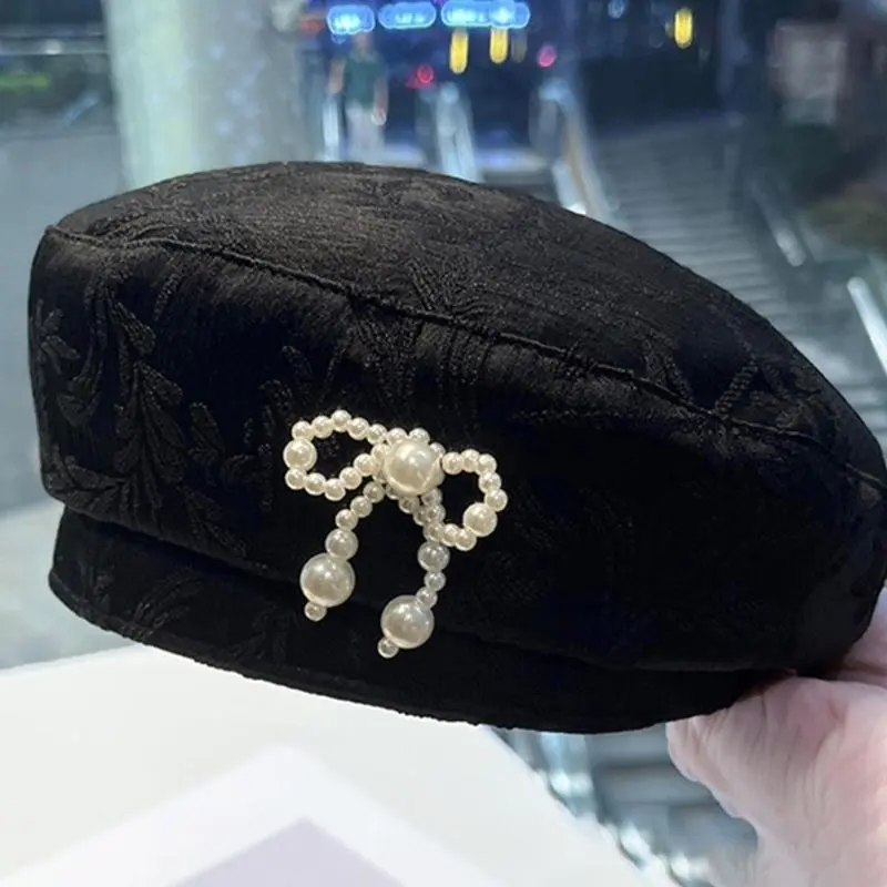 652F Sophisticated Stylish Hats Unique Weathered Stylish Hat with Pearls Decoration Pattern for Fashionable Women