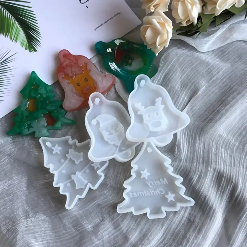 652F Car Pendant Xmas Ornaments Resin Casting Mold UV Crystal Epoxy Resin Mold Christmas Tree Bell Elk Pendant Silicone Mould