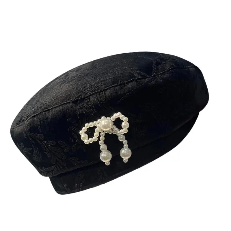 652F Sophisticated Stylish Hats Unique Weathered Stylish Hat with Pearls Decoration Pattern for Fashionable Women