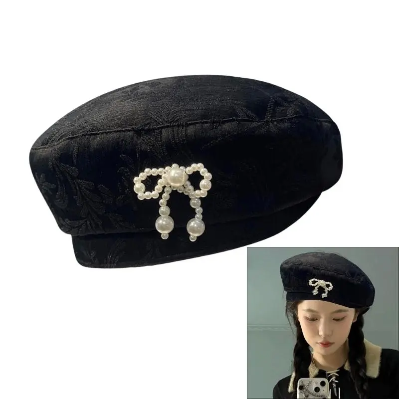 652F Sophisticated Stylish Hats Unique Weathered Stylish Hat with Pearls Decoration Pattern for Fashionable Women