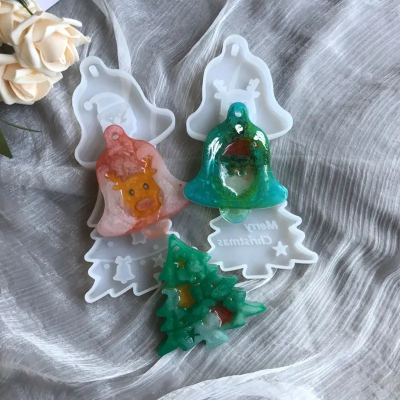652F Car Pendant Xmas Ornaments Resin Casting Mold UV Crystal Epoxy Resin Mold Christmas Tree Bell Elk Pendant Silicone Mould