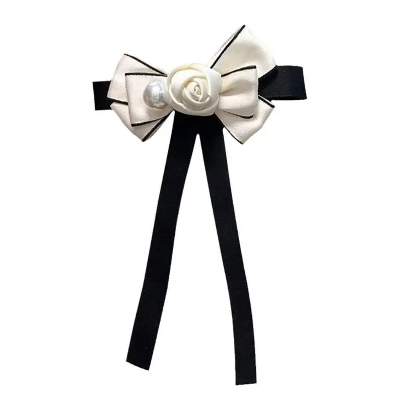 652F Vintage Ribbon Bows Tie Brooch Pin for Women and Girls Camellia Pearls Uniform Pre Tied Bowknot Corsage Party Accessory