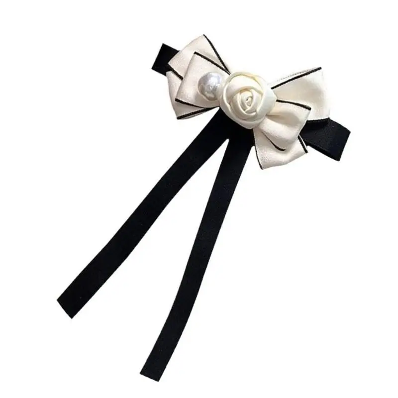 652F Vintage Ribbon Bows Tie Brooch Pin for Women and Girls Camellia Pearls Uniform Pre Tied Bowknot Corsage Party Accessory