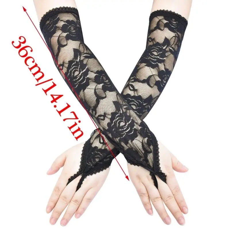 652F Women Long Lace Flower Gloves Fingerless Gloves Breathable and Comfortable Arm Sleeves for Formal Occasion and Costumes