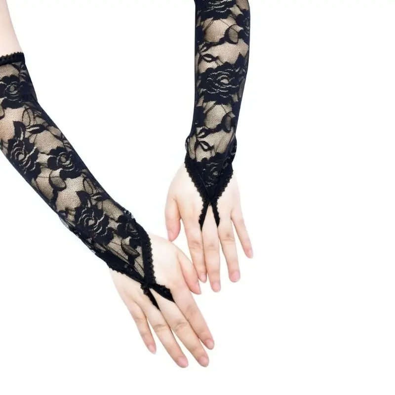 652F Women Long Lace Flower Gloves Fingerless Gloves Breathable and Comfortable Arm Sleeves for Formal Occasion and Costumes
