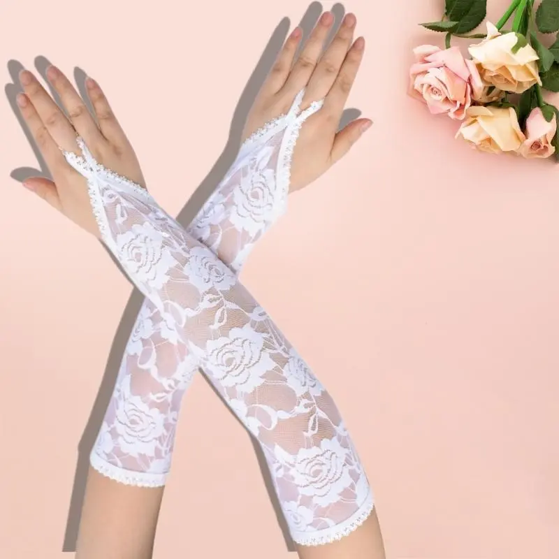 652F Women Long Lace Flower Gloves Fingerless Gloves Breathable and Comfortable Arm Sleeves for Formal Occasion and Costumes