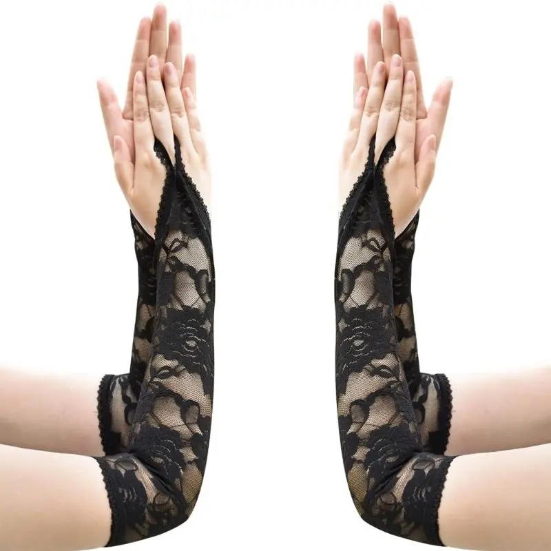 652F Women Long Lace Flower Gloves Fingerless Gloves Breathable and Comfortable Arm Sleeves for Formal Occasion and Costumes