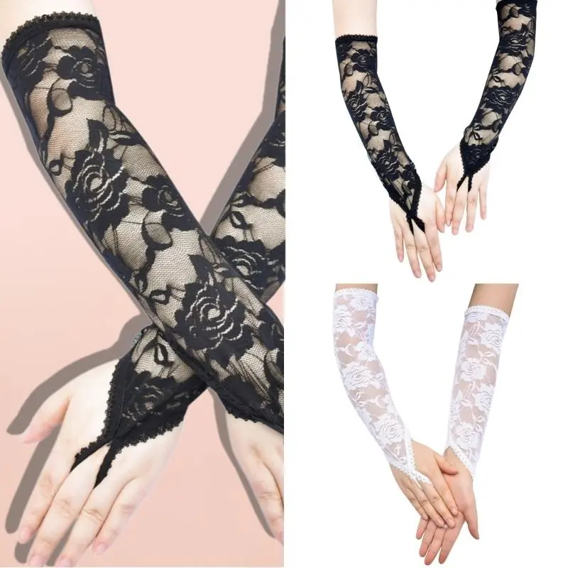 652F Women Long Lace Flower Gloves Fingerless Gloves Breathable and Comfortable Arm Sleeves for Formal Occasion and Costumes