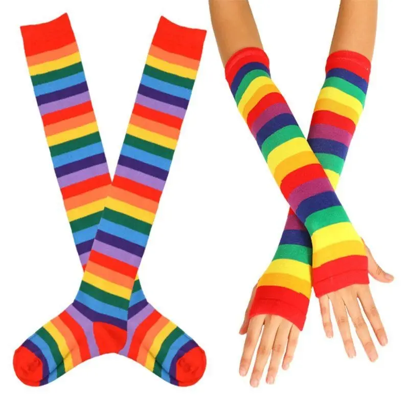 652F Colorful Rainbow Stockings Thigh Over Knee Dance Socks Striped Arm Warmer Gloves Christmas Gifts Cosplay Costume