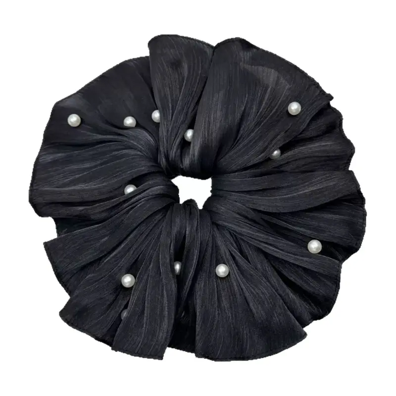 652F COversized Hair Scrunchies with Pleated Mesh and Pearls Detail Ponytail Holder Fashion Hair Accessories for Daily Use