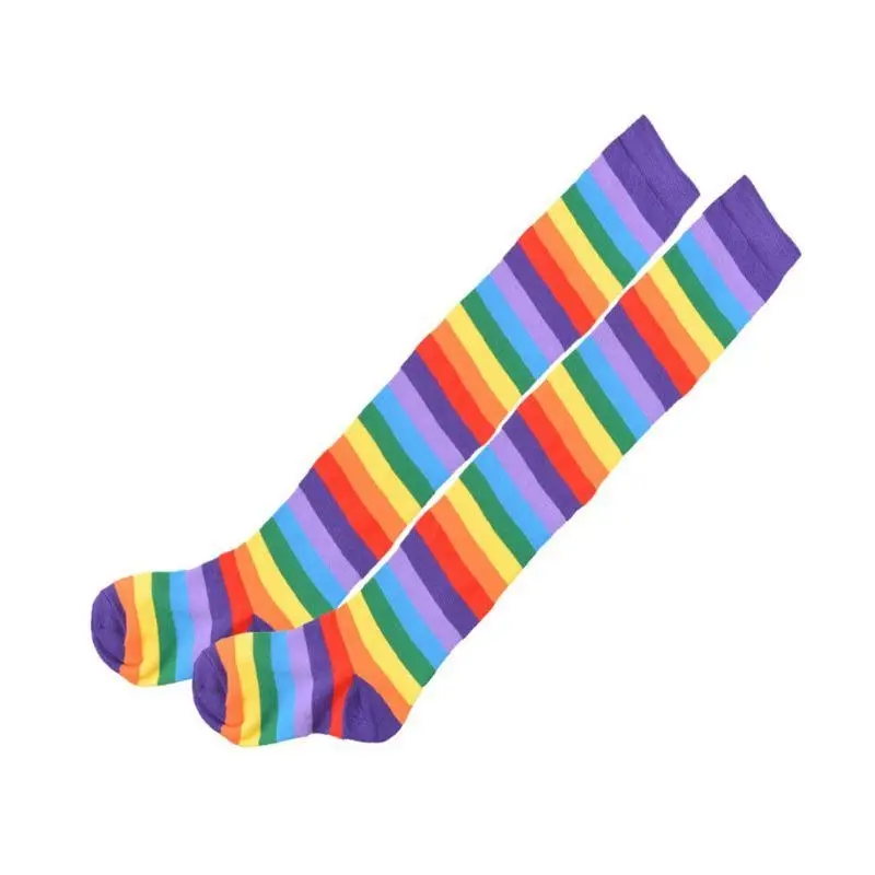 652F Colorful Rainbow Stockings Thigh Over Knee Dance Socks Striped Arm Warmer Gloves Christmas Gifts Cosplay Costume