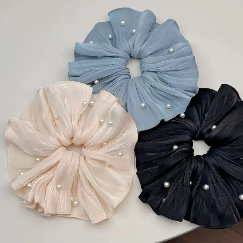 652F COversized Hair Scrunchies with Pleated Mesh and Pearls Detail Ponytail Holder Fashion Hair Accessories for Daily Use