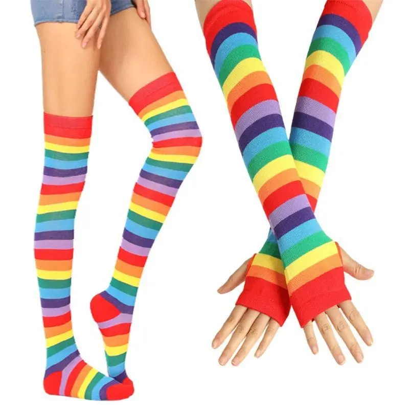 652F Colorful Rainbow Stockings Thigh Over Knee Dance Socks Striped Arm Warmer Gloves Christmas Gifts Cosplay Costume