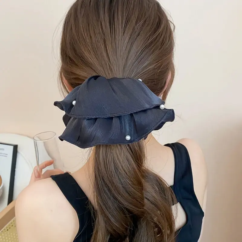 652F COversized Hair Scrunchies with Pleated Mesh and Pearls Detail Ponytail Holder Fashion Hair Accessories for Daily Use