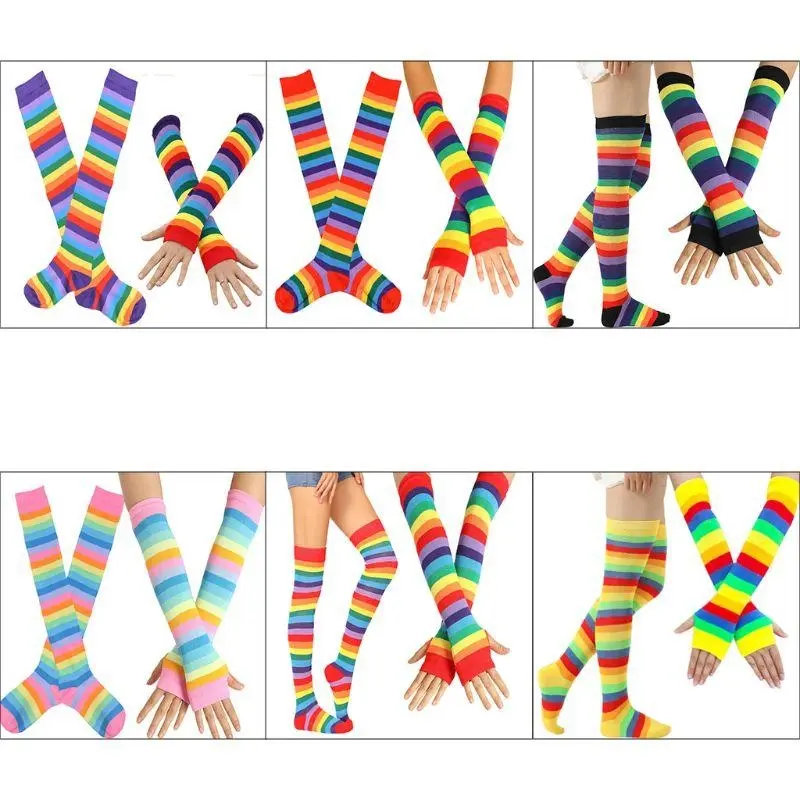 652F Colorful Rainbow Stockings Thigh Over Knee Dance Socks Striped Arm Warmer Gloves Christmas Gifts Cosplay Costume