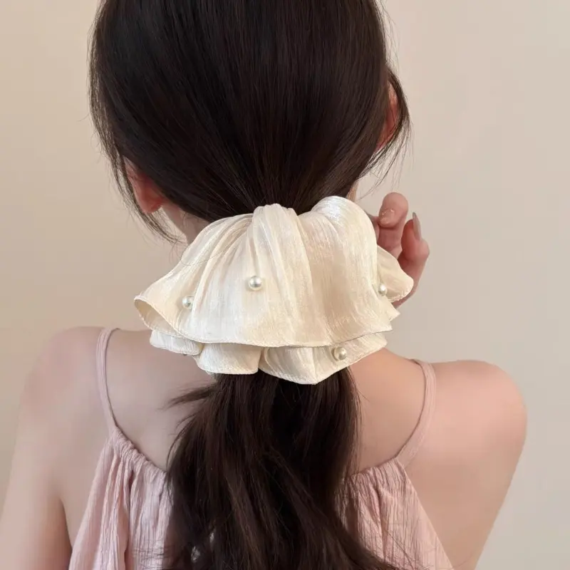 652F COversized Hair Scrunchies with Pleated Mesh and Pearls Detail Ponytail Holder Fashion Hair Accessories for Daily Use