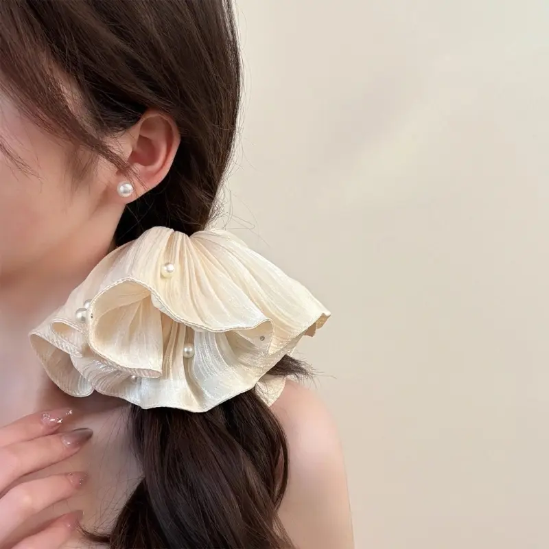 652F COversized Hair Scrunchies with Pleated Mesh and Pearls Detail Ponytail Holder Fashion Hair Accessories for Daily Use
