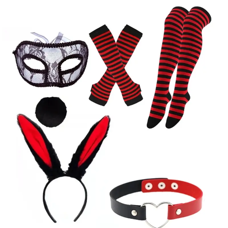 652F Women Bunnies Costume Including Ear Headband,Collar,Gloves Mask and Tail Accessories for Easter Halloween Cosplay Party