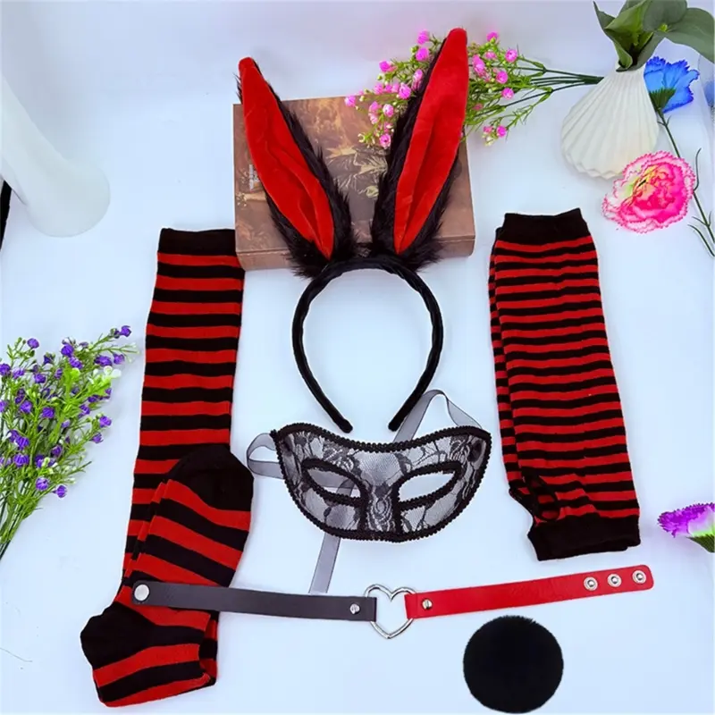 652F Women Bunnies Costume Including Ear Headband,Collar,Gloves Mask and Tail Accessories for Easter Halloween Cosplay Party