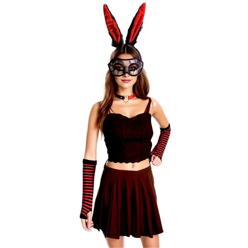 652F Women Bunnies Costume Including Ear Headband,Collar,Gloves Mask and Tail Accessories for Easter Halloween Cosplay Party
