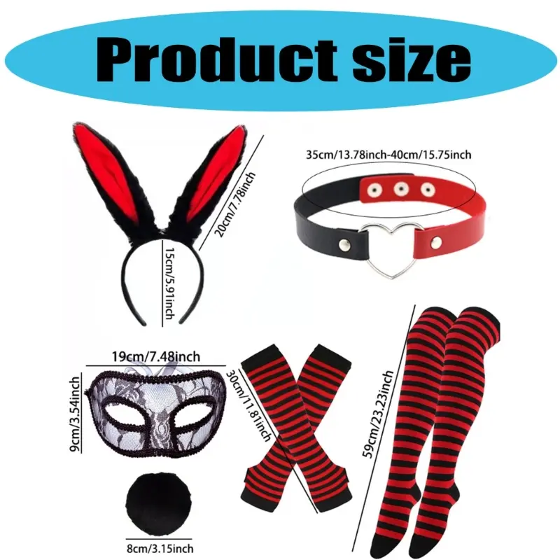 652F Women Bunnies Costume Including Ear Headband,Collar,Gloves Mask and Tail Accessories for Easter Halloween Cosplay Party