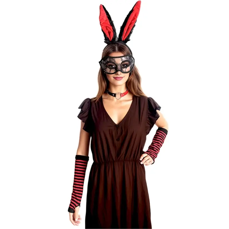 652F Women Bunnies Costume Including Ear Headband,Collar,Gloves Mask and Tail Accessories for Easter Halloween Cosplay Party