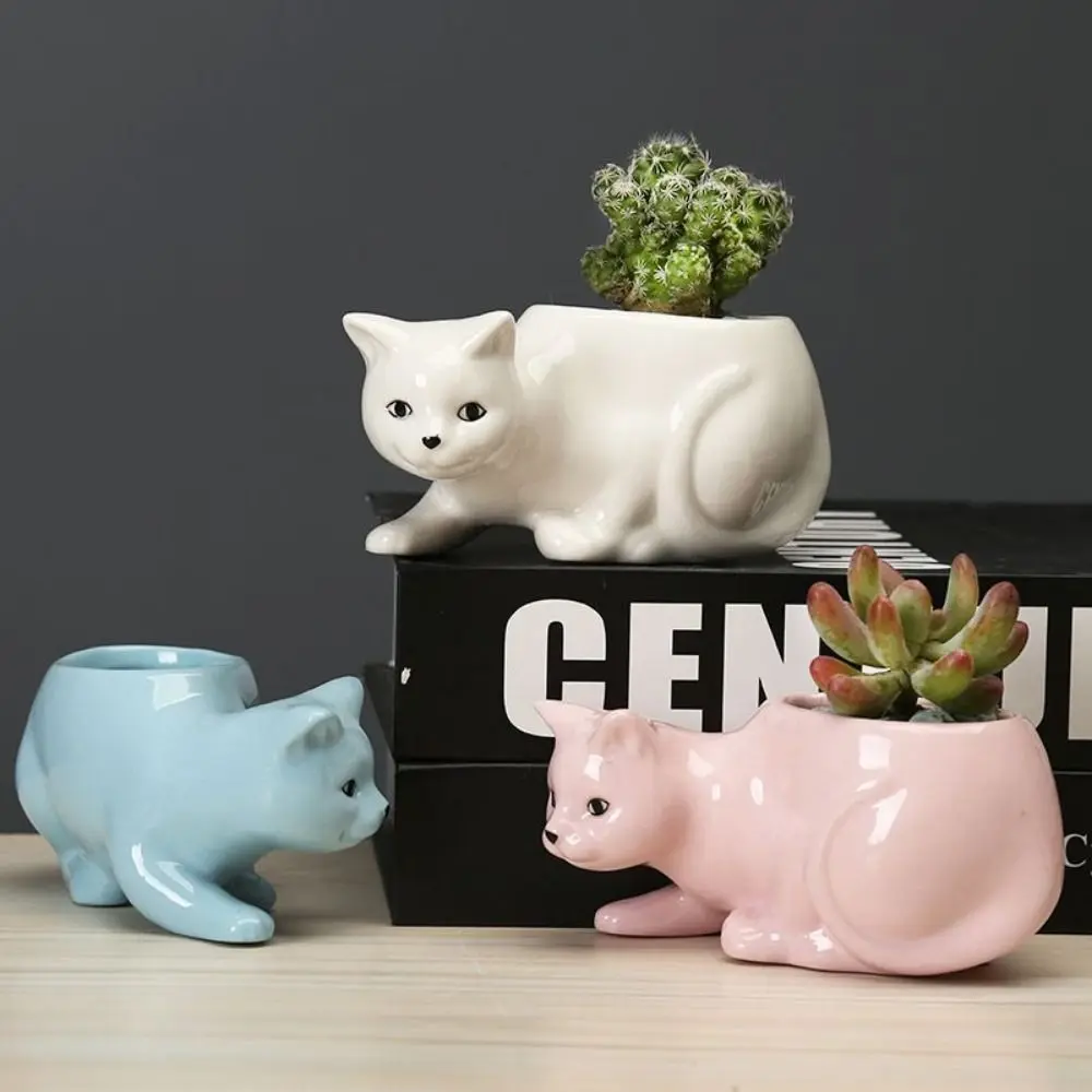 Funny With Tray Cat Flower Vase Exquisite Cute Ceramic Flower Pot With Drainage Hole Kitten Vase Container Home Decor