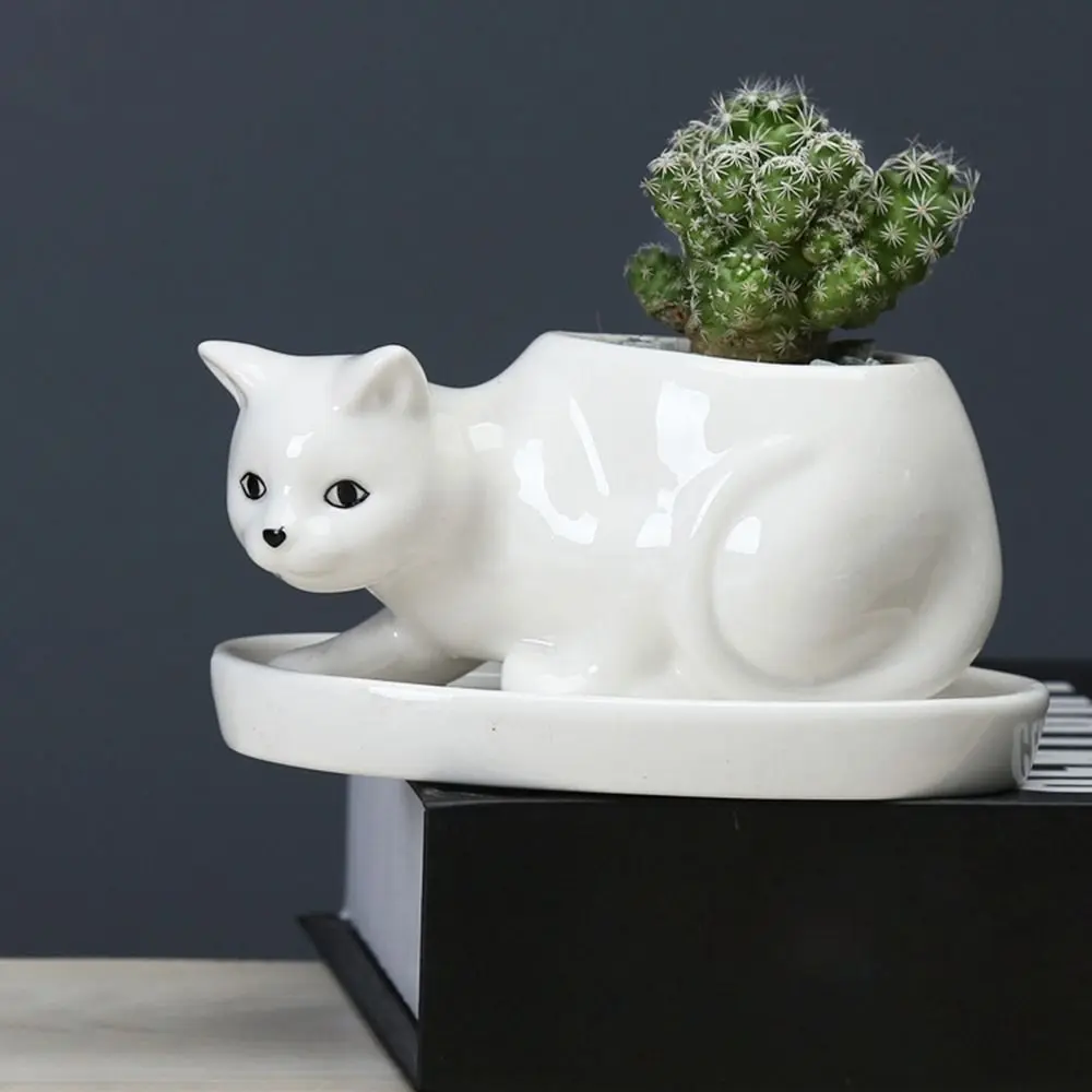 Funny With Tray Cat Flower Vase Exquisite Cute Ceramic Flower Pot With Drainage Hole Kitten Vase Container Home Decor