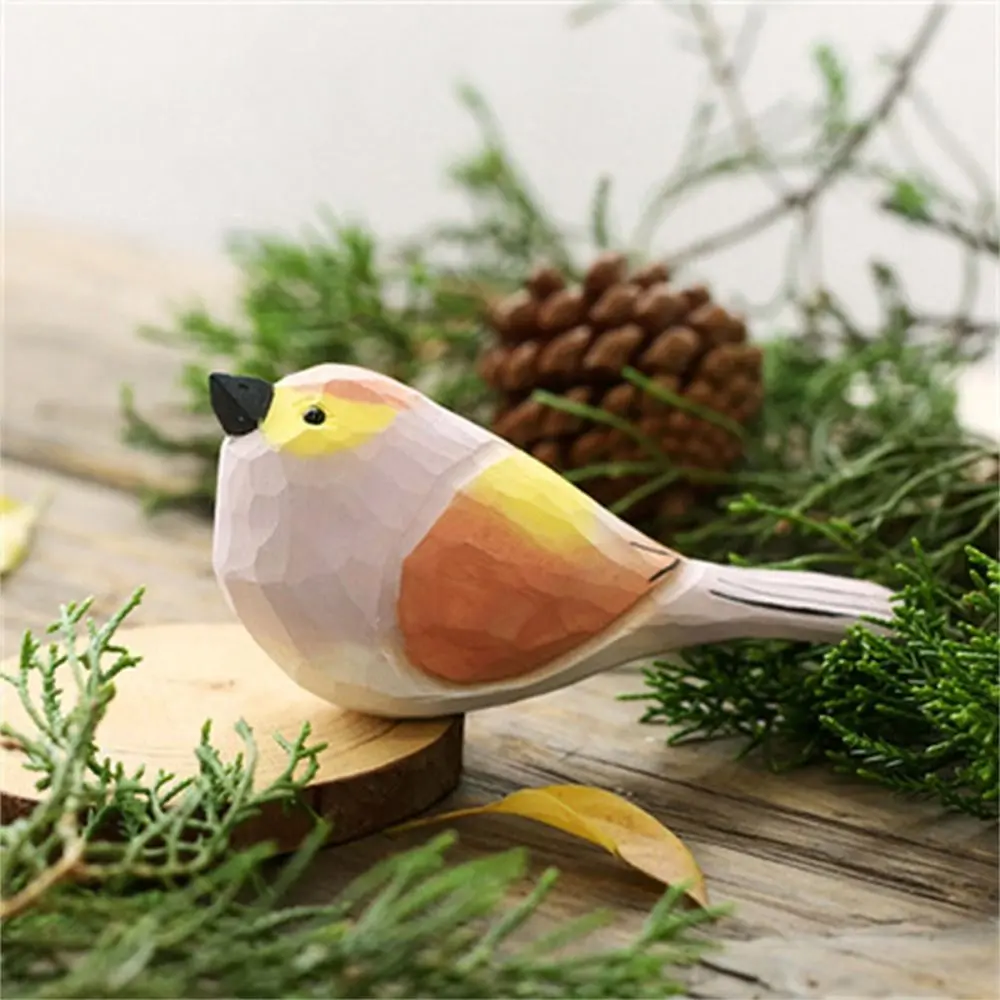 Cute Wood Carving Bird Handmade Mini Small Bird Ornament Carving Nordic-style Wooden Bird Figurine Children's Toys